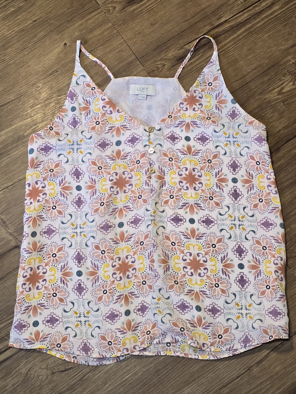 LOFT Pink, Purple & Yellow Floral Mosaic V-Neck Camisole, Colorful Tank, Blouse